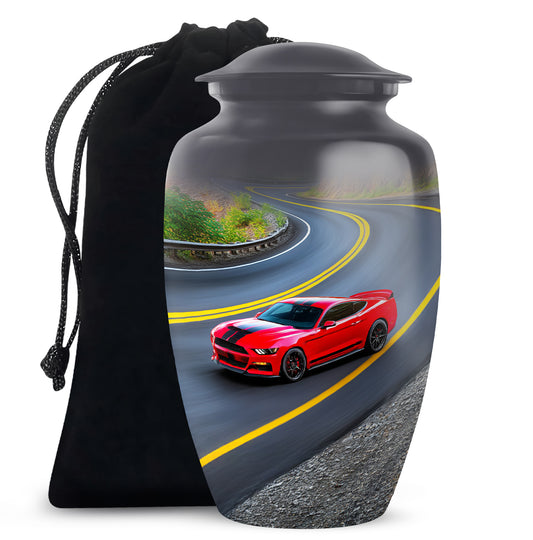 Midnight Black Car Cremation Urn angled view of lid and engraved motif - elegant classic car relief with fine detailing - full-size 10 inch 200 cubic inch adult cremation urn