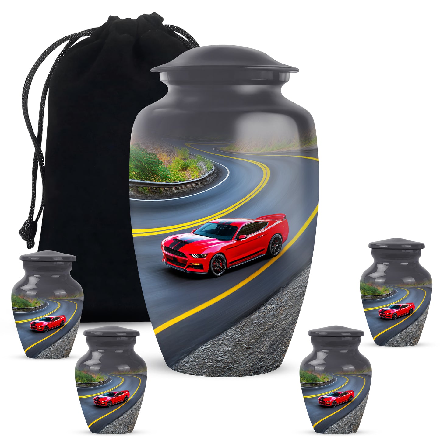 Deep Black Car Cremation Urn top-down view of secure threaded lid - classic sculpted car pattern on smooth aluminum - memorial set with one large and four small urns