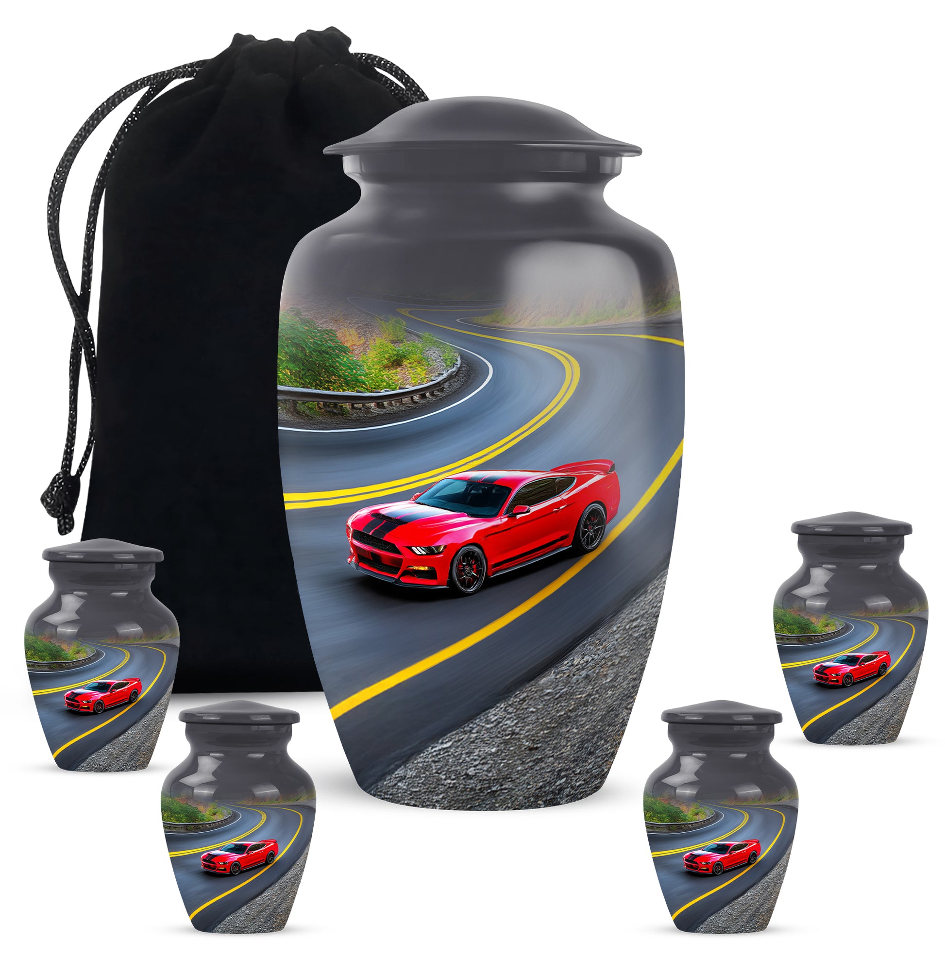 Deep Black Car Cremation Urn top-down view of secure threaded lid - classic sculpted car pattern on smooth aluminum - memorial set with one large and four small urns