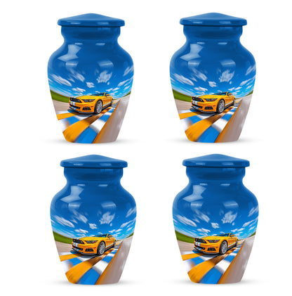 Vivid Blue Car Cremation Urn side profile showing urn shape - elegant classic car relief with fine detailing - 10 inch aluminum urn for cremated remains