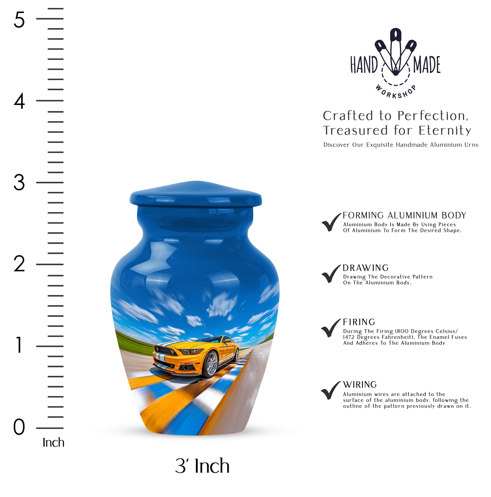 Slate Blue Car Cremation Urn close-up of engraving and surface detail - timeless car motif etched into premium metal - mini keepsake memorial for portion of cremation ashes