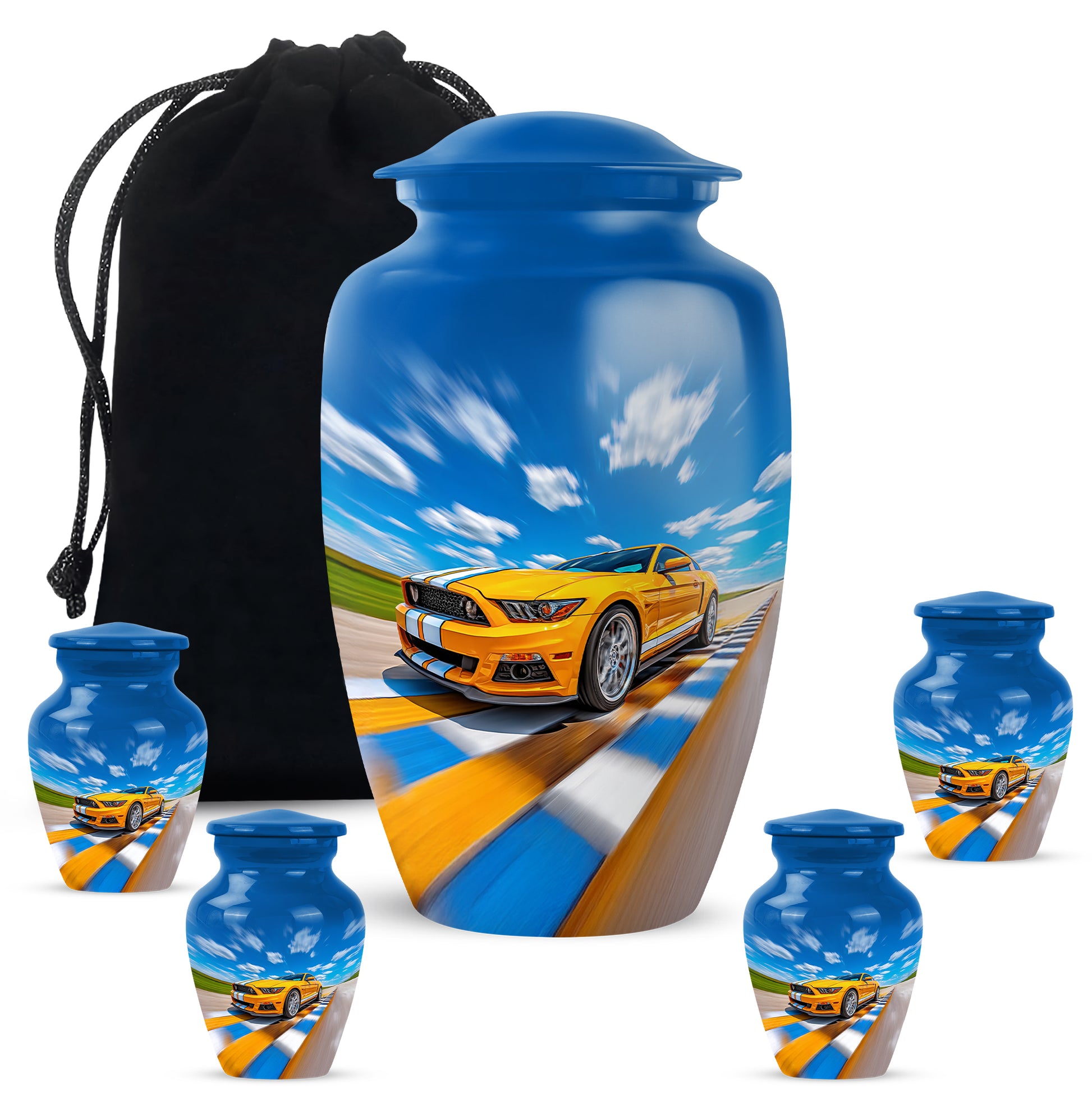 Vivid Blue Car Cremation Urn top-down view of secure threaded lid - traditional car engraving with hand-polished finish - memorial set with one large and four small urns
