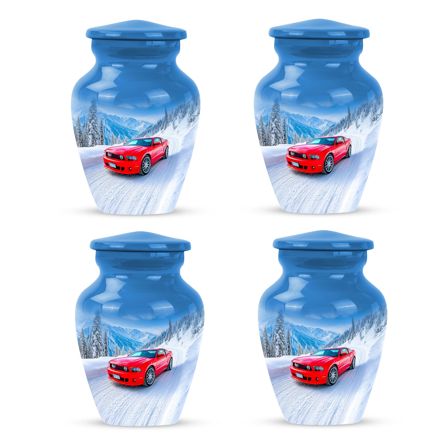 Dusty Blue Car Cremation Urn side profile showing urn shape - timeless car motif etched into premium metal - 10 inch aluminum urn for cremated remains