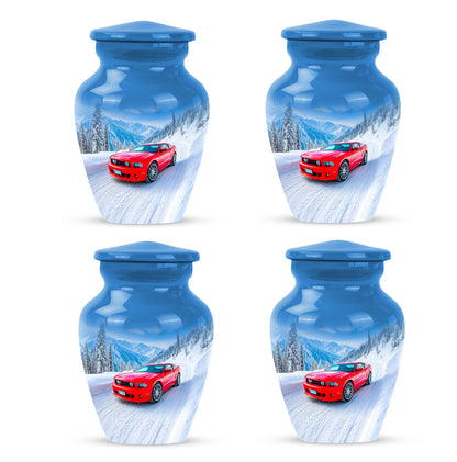 Dusty Blue Car Cremation Urn side profile showing urn shape - timeless car motif etched into premium metal - 10 inch aluminum urn for cremated remains