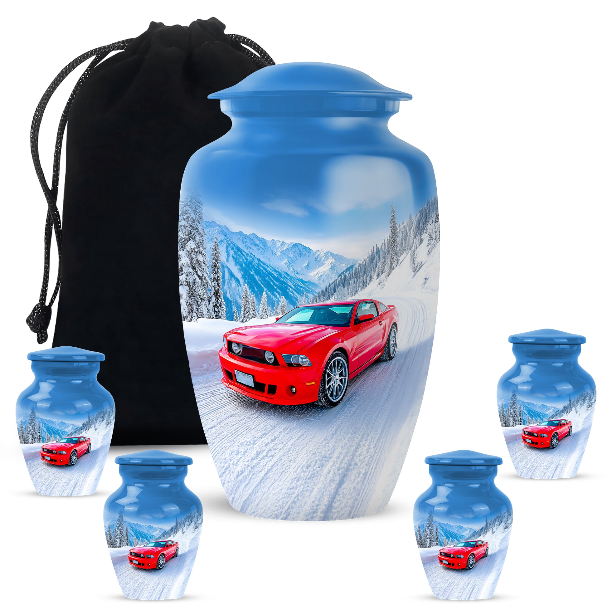 Steel Blue Car Cremation Urn top-down view of secure threaded lid - elegant classic car relief with fine detailing - memorial set with one large and four small urns