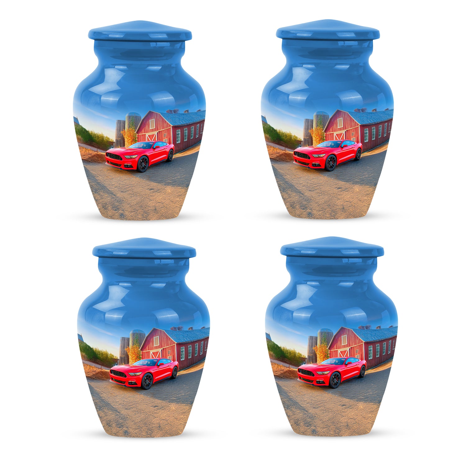 Cobalt Blue Car Cremation Urn side profile showing urn shape - elegant classic car relief with fine detailing - 10 inch aluminum urn for cremated remains
