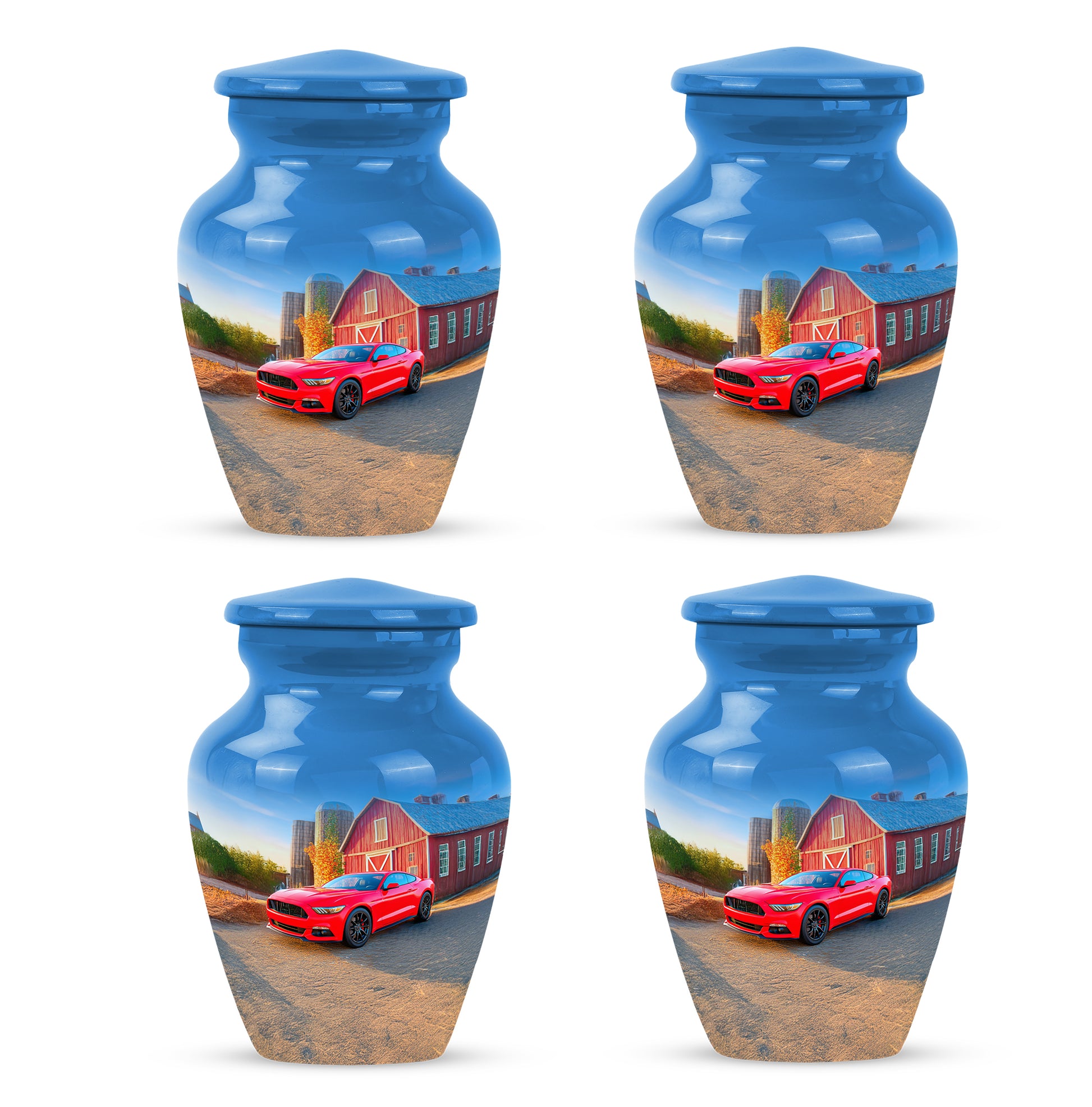 Cobalt Blue Car Cremation Urn side profile showing urn shape - elegant classic car relief with fine detailing - 10 inch aluminum urn for cremated remains