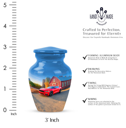 Pastel Blue Car Cremation Urn close-up of engraving and surface detail - timeless car motif etched into premium metal - mini keepsake memorial for portion of cremation ashes