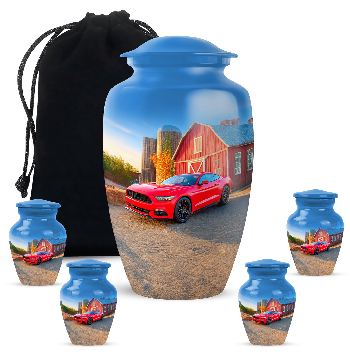 Cornflower Blue Car Cremation Urn top-down view of secure threaded lid - traditional car engraving with hand-polished finish - memorial set with one large and four small urns