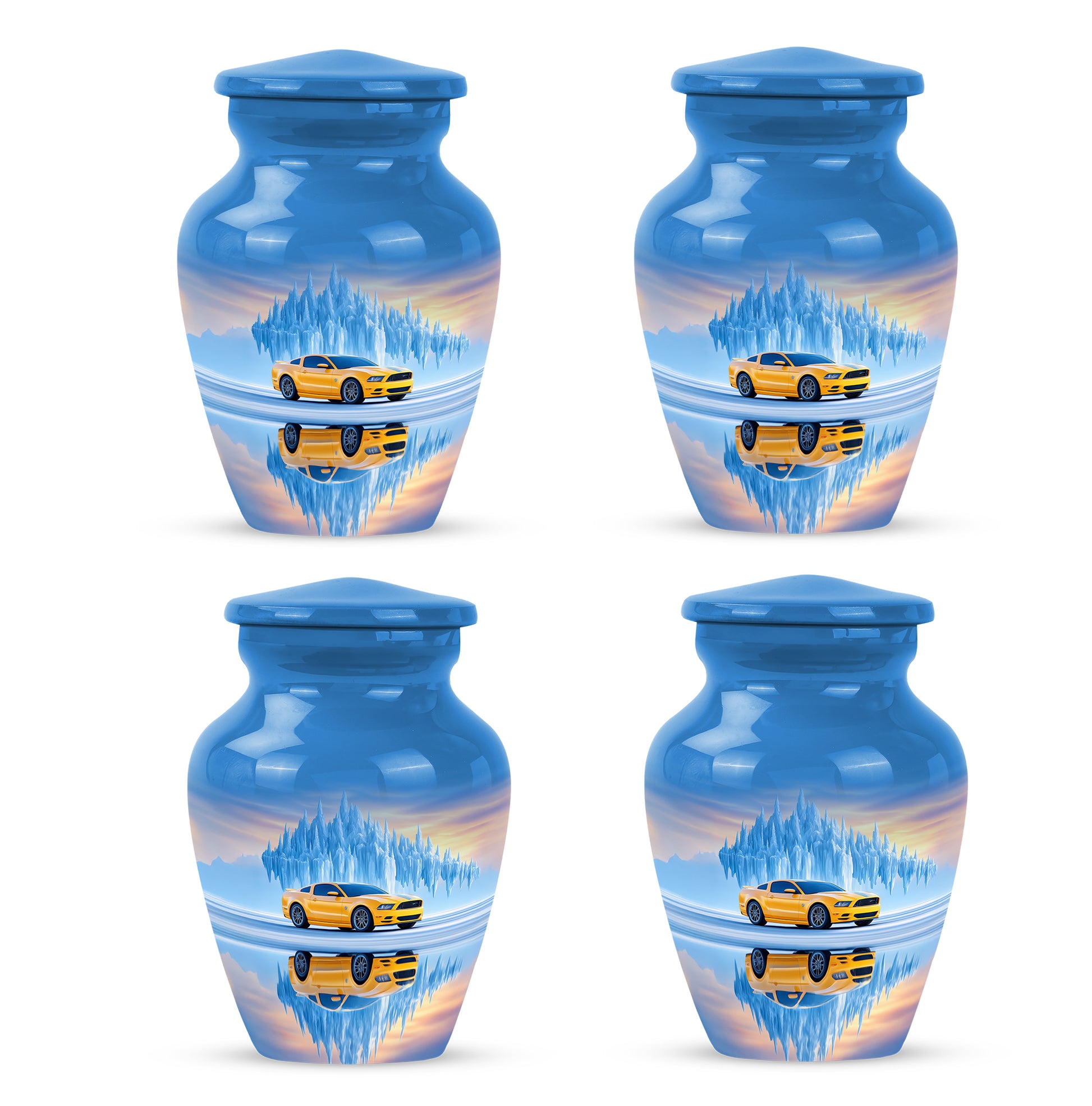Dusty Blue Car Cremation Urn side profile showing urn shape - classic sculpted car pattern on smooth aluminum - 10 inch aluminum urn for cremated remains