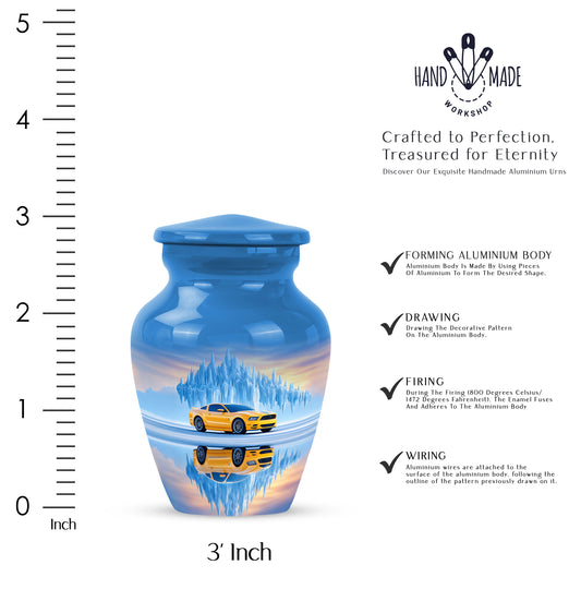 Royal Blue Car Cremation Urn close-up of engraving and surface detail - elegant classic car relief with fine detailing - mini keepsake memorial for portion of cremation ashes