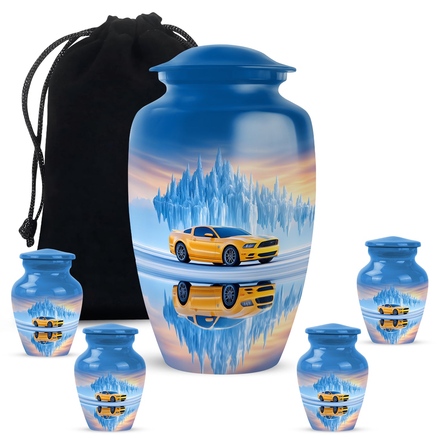 Powder Blue Car Cremation Urn top-down view of secure threaded lid - classic sculpted car pattern on smooth aluminum - memorial set with one large and four small urns