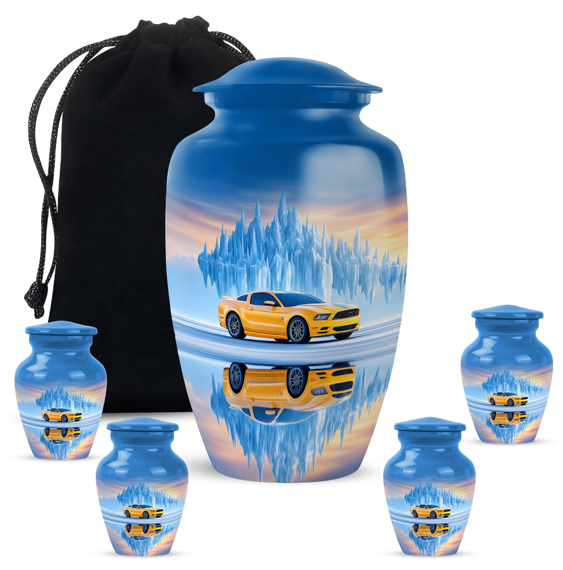 Powder Blue Car Cremation Urn top-down view of secure threaded lid - classic sculpted car pattern on smooth aluminum - memorial set with one large and four small urns