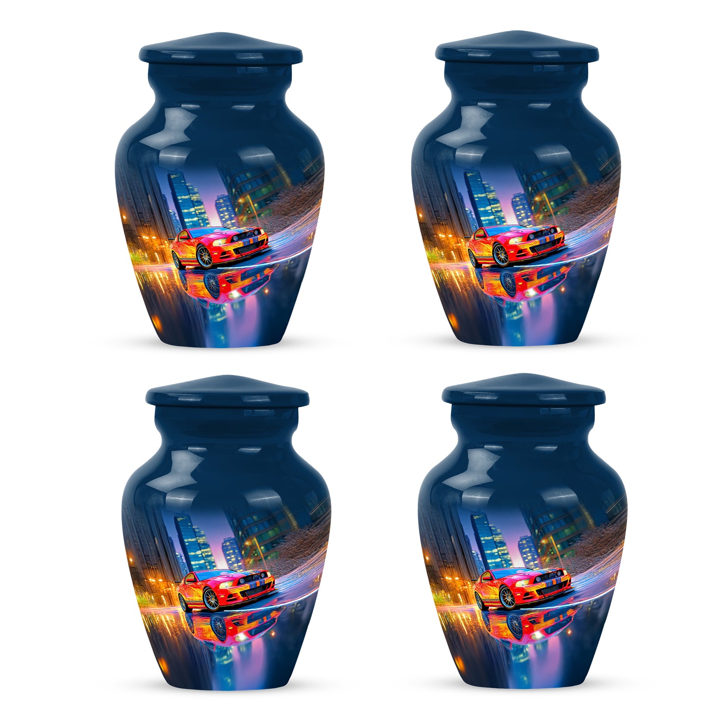 Azure Car Cremation Urn side profile showing urn shape - classic sculpted car pattern on smooth aluminum - 10 inch aluminum urn for cremated remains