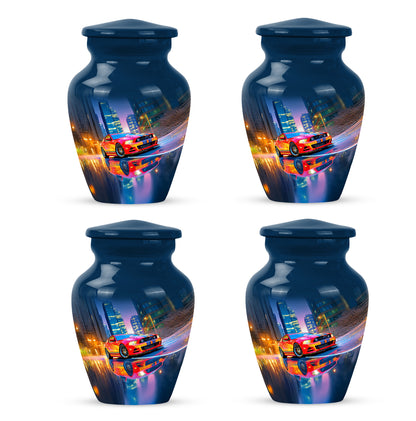 Azure Car Cremation Urn side profile showing urn shape - classic sculpted car pattern on smooth aluminum - 10 inch aluminum urn for cremated remains