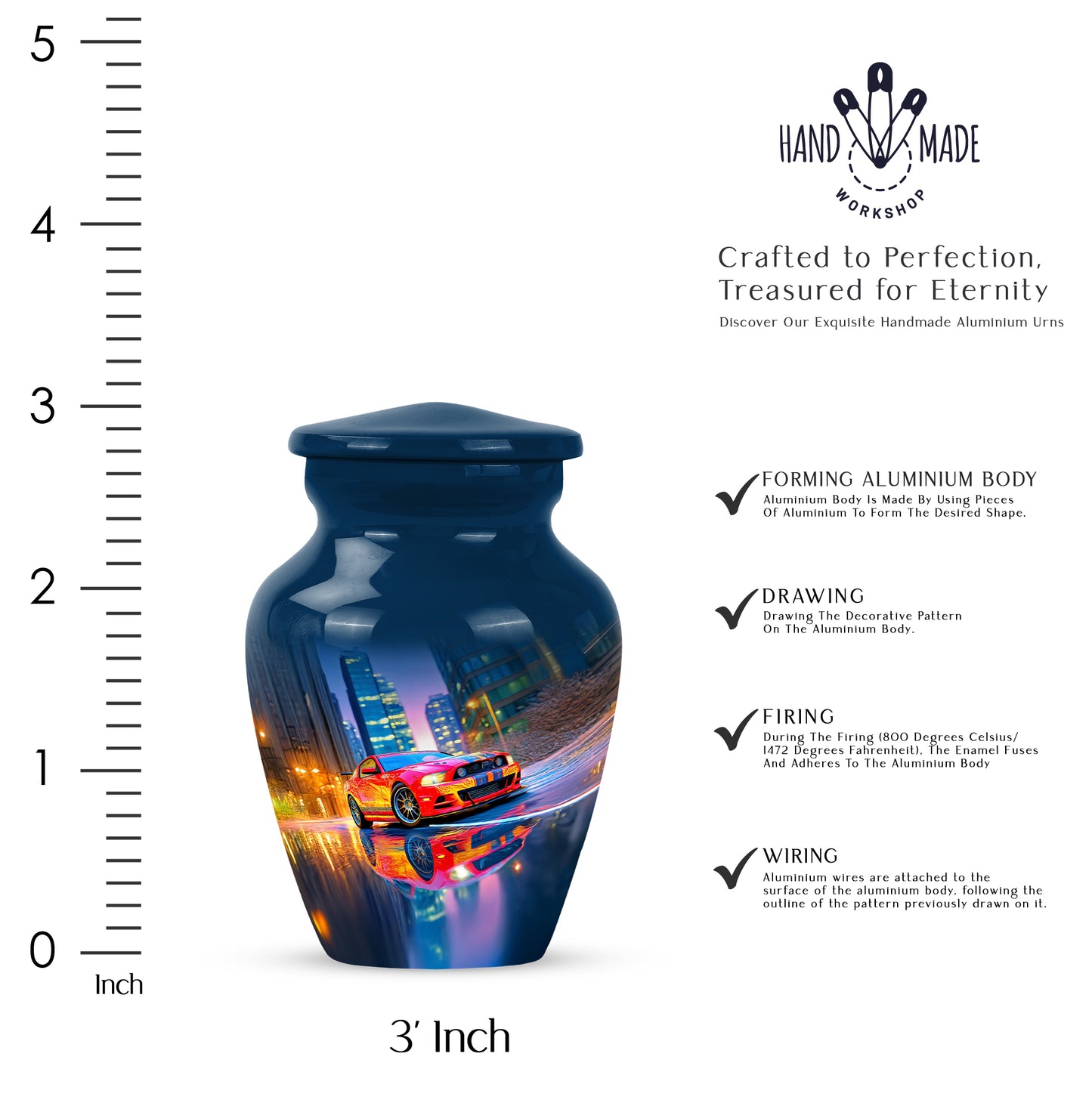 Sky Blue Car Cremation Urn close-up of engraving and surface detail - timeless car motif etched into premium metal - mini keepsake memorial for portion of cremation ashes