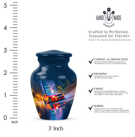 Sky Blue Car Cremation Urn close-up of engraving and surface detail - timeless car motif etched into premium metal - mini keepsake memorial for portion of cremation ashes