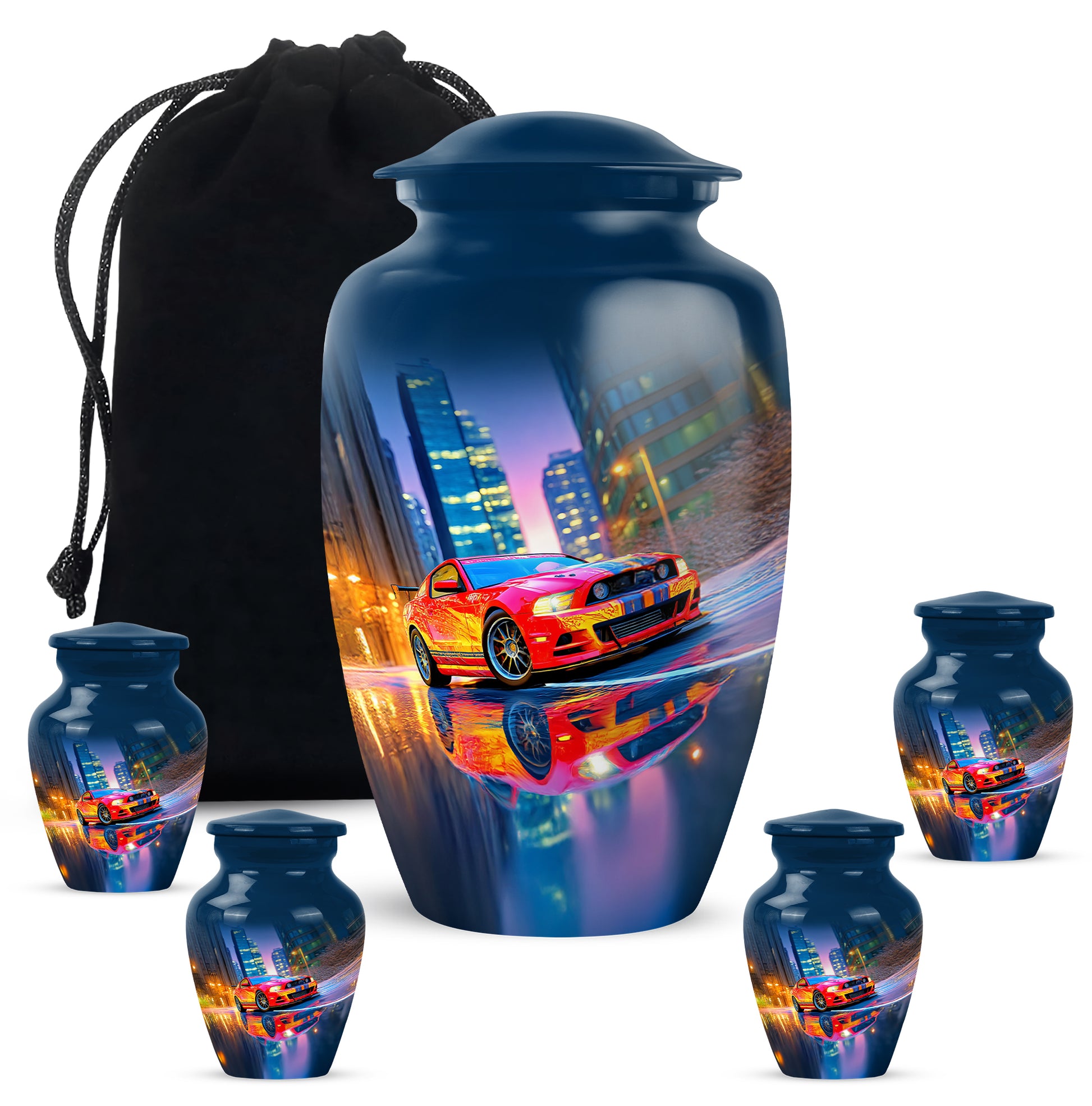 Sky Blue Car Cremation Urn top-down view of secure threaded lid - classic sculpted car pattern on smooth aluminum - memorial set with one large and four small urns