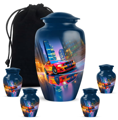 Sky Blue Car Cremation Urn top-down view of secure threaded lid - classic sculpted car pattern on smooth aluminum - memorial set with one large and four small urns