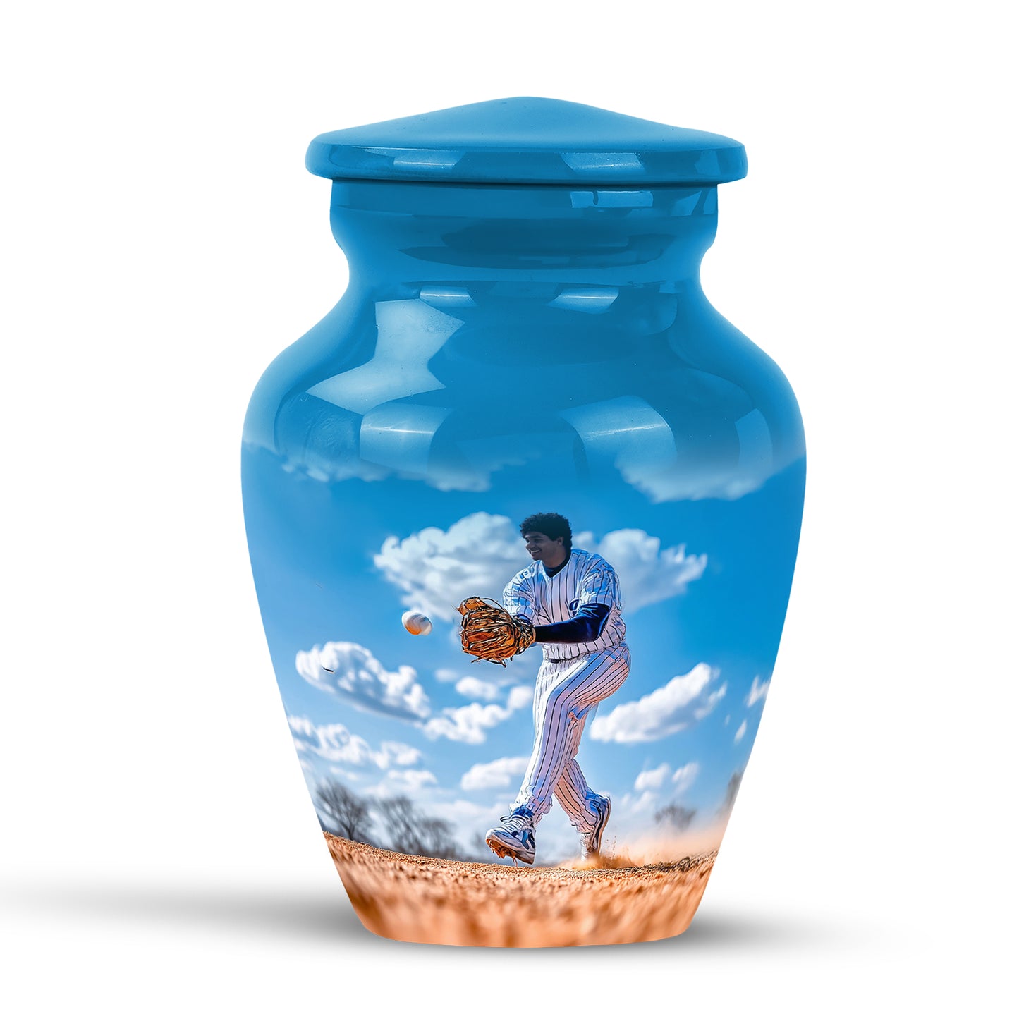 Inspiring Blue Baseball Reflection Urn for Human Ashes - 10-inch, 200 cu in - Yatskia