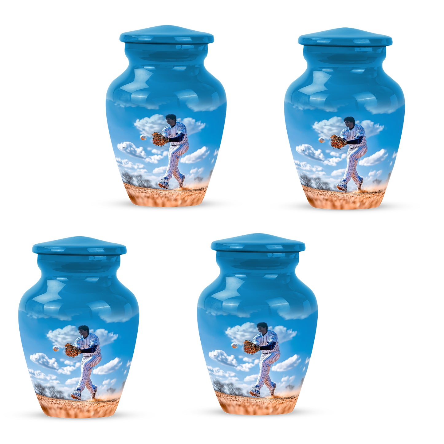 Cornflower Blue Baseball Cremation Urn side profile showing urn shape - traditional baseball engraving with hand-polished finish - 10 inch aluminum urn for cremated remains