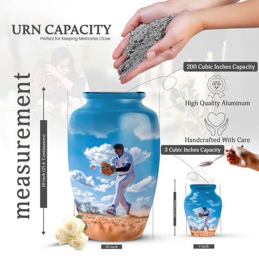 Soft Blue Baseball Cremation Urn close-up of engraving and surface detail - elegant classic baseball relief with fine detailing - mini keepsake memorial for portion of cremation ashes
