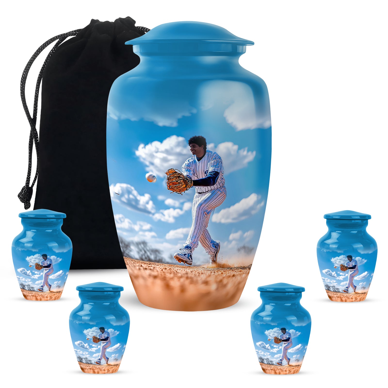 Soft Blue Baseball Cremation Urn top-down view of secure threaded lid - elegant classic baseball relief with fine detailing - memorial set with one large and four small urns