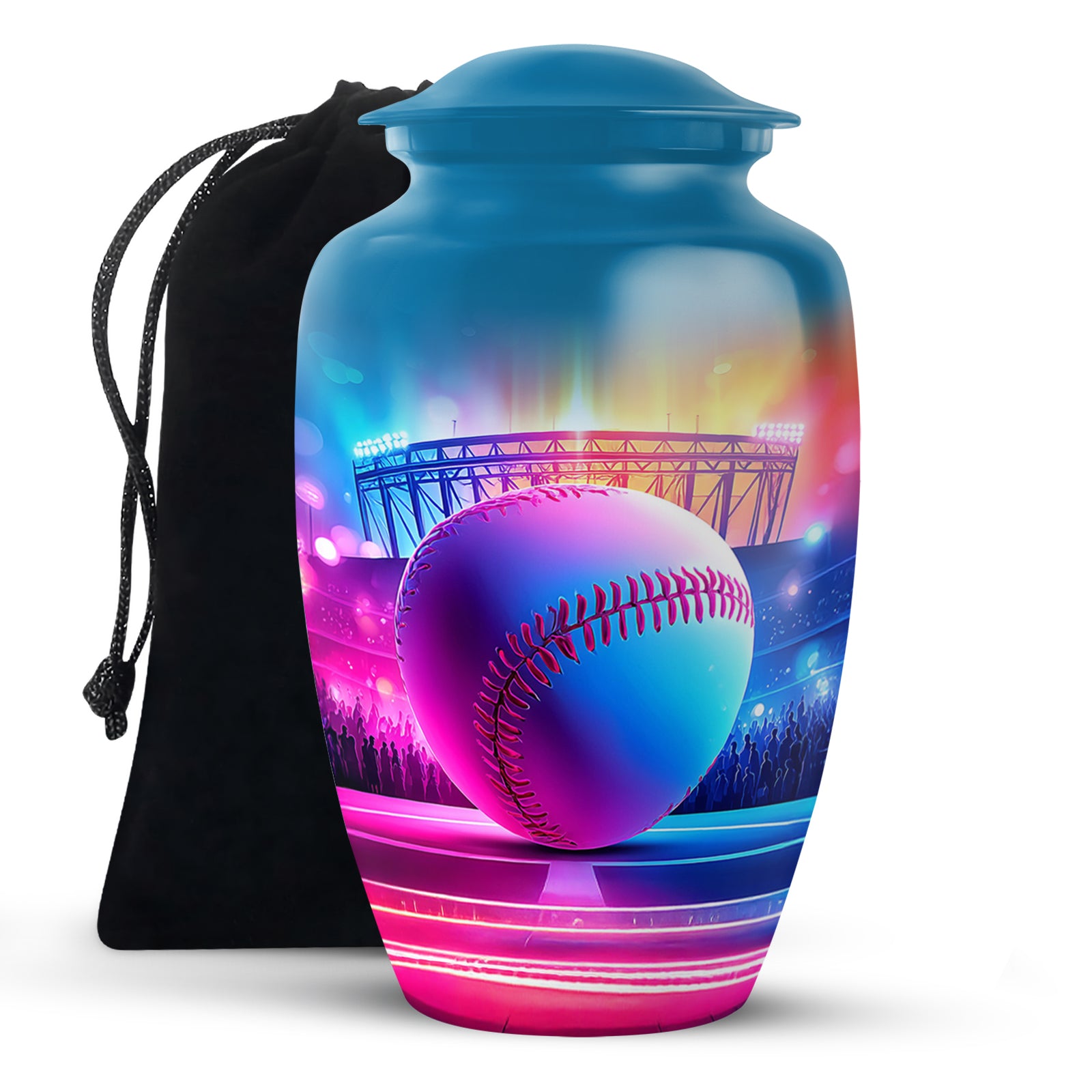 Indigo Baseball Cremation Urn angled view of lid and engraved motif - timeless baseball motif etched into premium metal - full-size 10 inch 200 cubic inch adult cremation urn