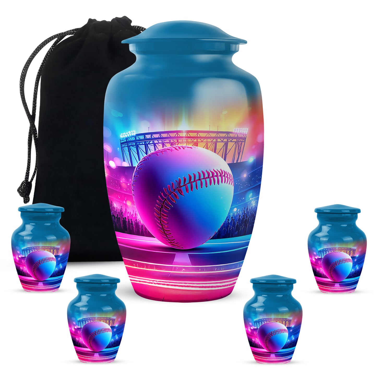 Powder Blue Baseball Cremation Urn top-down view of secure threaded lid - classic sculpted baseball pattern on smooth aluminum - memorial set with one large and four small urns