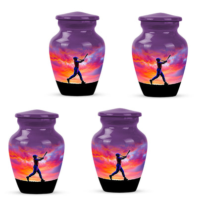 Royal Purple Baseball Cremation Urn side profile showing urn shape - traditional baseball engraving with hand-polished finish - 10 inch aluminum urn for cremated remains