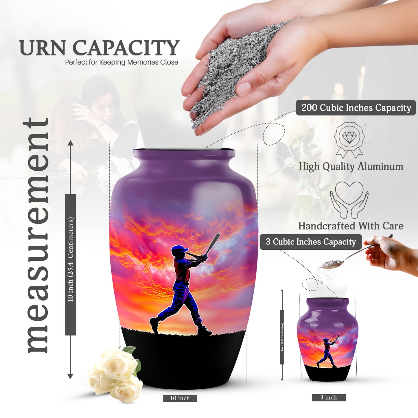 Deep Purple Baseball Cremation Urn close-up of engraving and surface detail - timeless baseball motif etched into premium metal - mini keepsake memorial for portion of cremation ashes