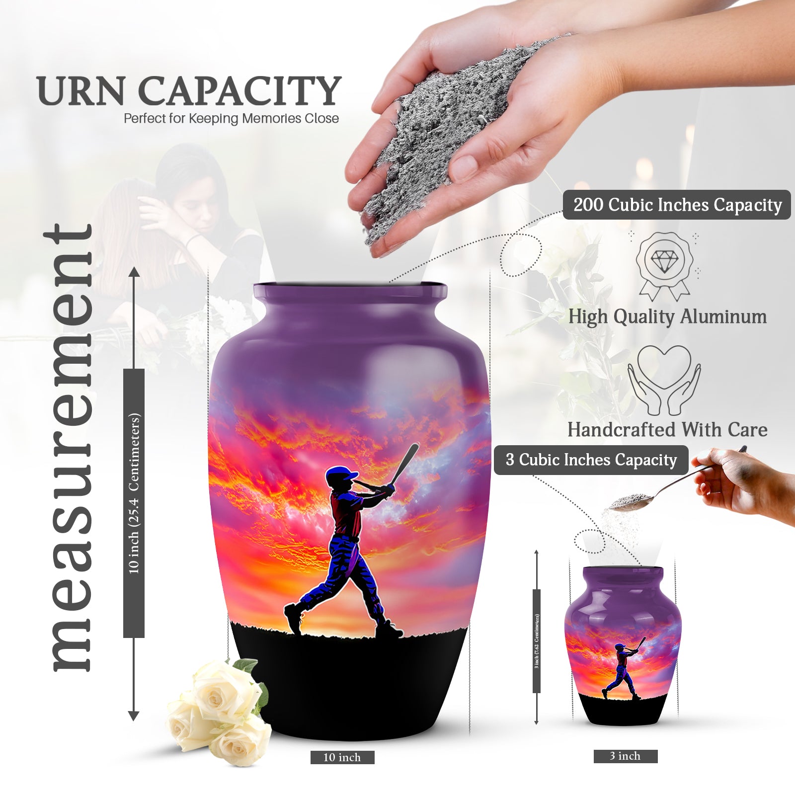 Deep Purple Baseball Cremation Urn close-up of engraving and surface detail - timeless baseball motif etched into premium metal - mini keepsake memorial for portion of cremation ashes