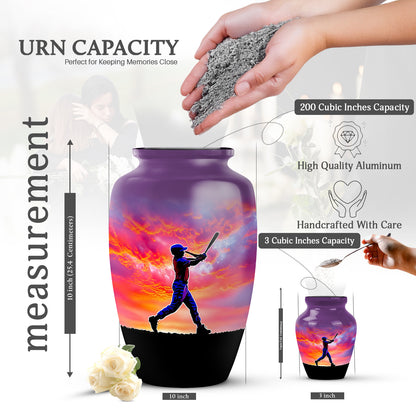 Deep Purple Baseball Cremation Urn close-up of engraving and surface detail - timeless baseball motif etched into premium metal - mini keepsake memorial for portion of cremation ashes