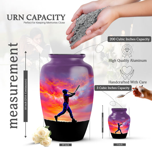 Deep Purple Baseball Cremation Urn close-up of engraving and surface detail - timeless baseball motif etched into premium metal - mini keepsake memorial for portion of cremation ashes