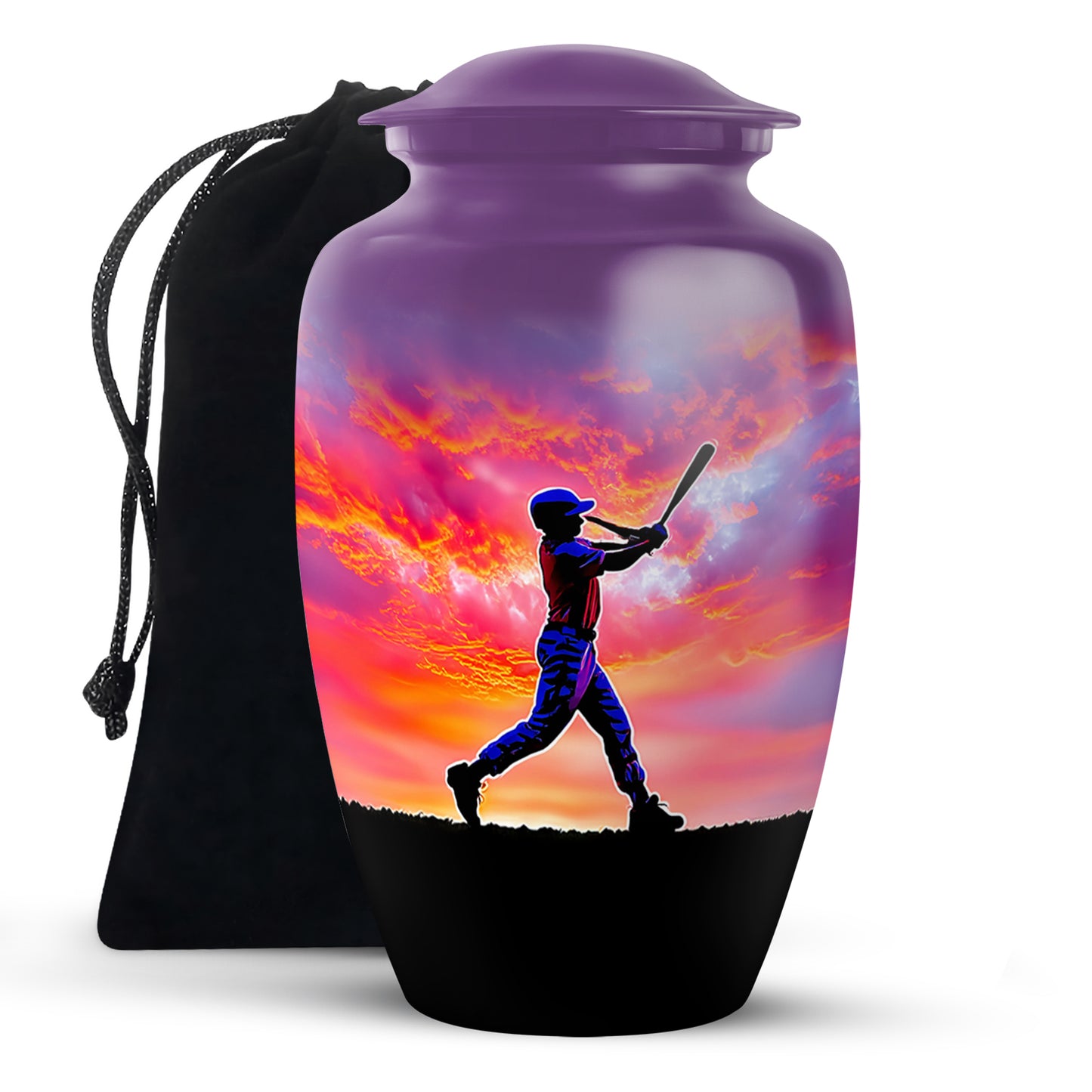 Plum Purple Baseball Cremation Urn angled view of lid and engraved motif - timeless baseball motif etched into premium metal - full-size 10 inch 200 cubic inch adult cremation urn