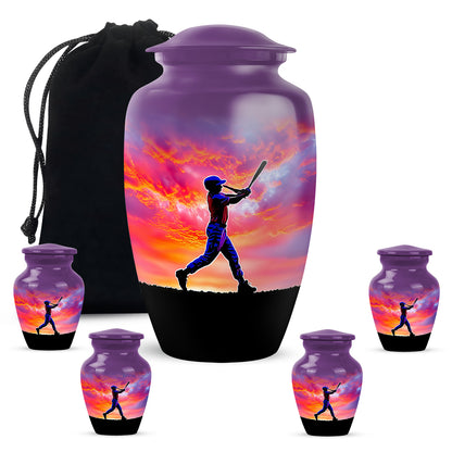 Orchid Purple Baseball Cremation Urn top-down view of secure threaded lid - timeless baseball motif etched into premium metal - memorial set with one large and four small urns