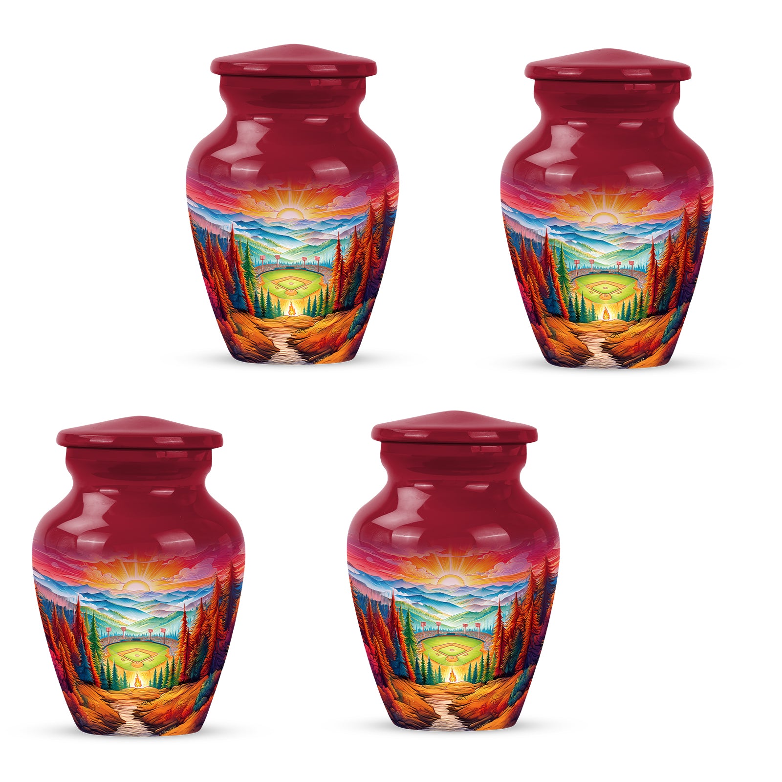 Fiery Red Baseball Cremation Urn side profile showing urn shape - traditional baseball engraving with hand-polished finish - 10 inch aluminum urn for cremated remains