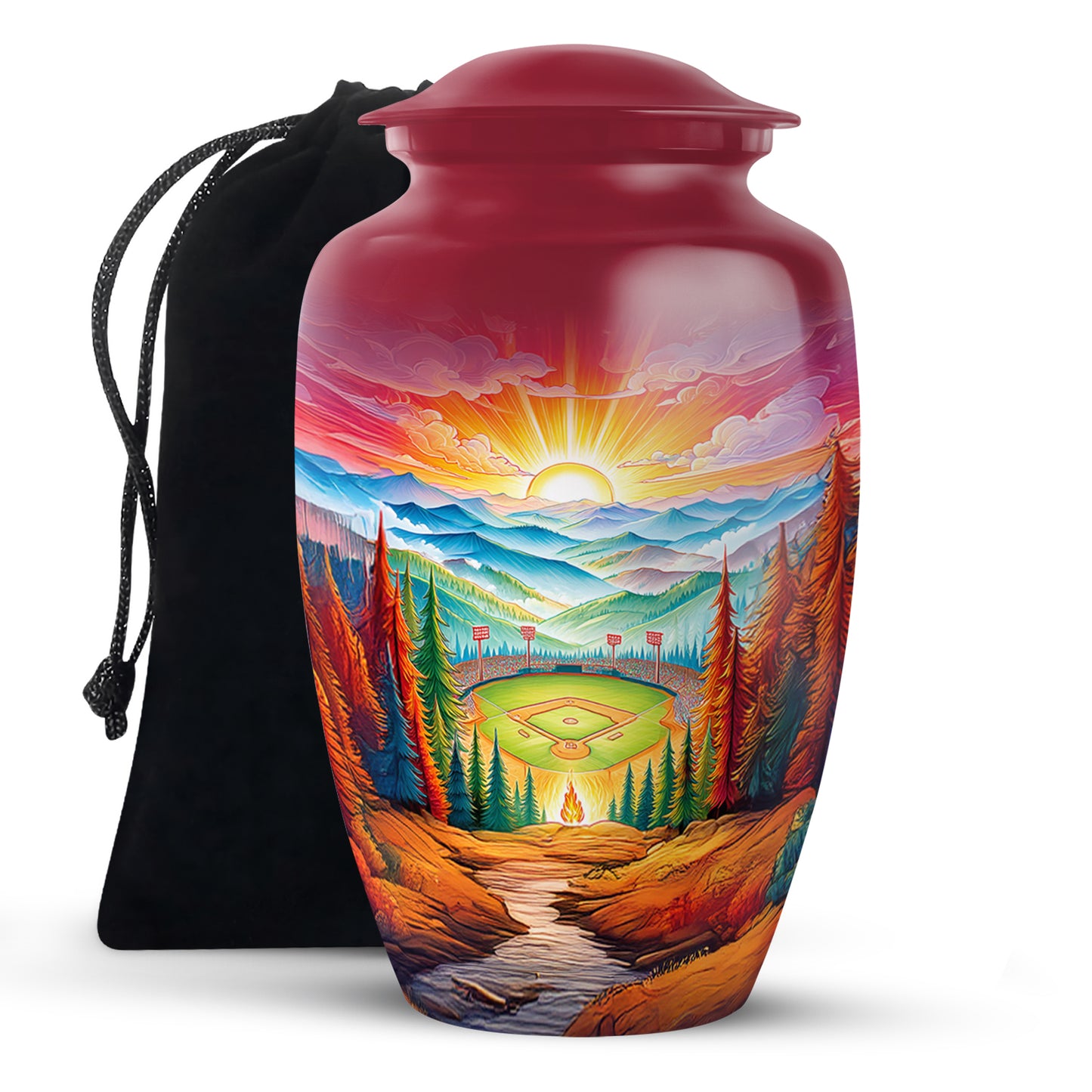 Scarlet Red Baseball Cremation Urn angled view of lid and engraved motif - traditional baseball engraving with hand-polished finish - full-size 10 inch 200 cubic inch adult cremation urn