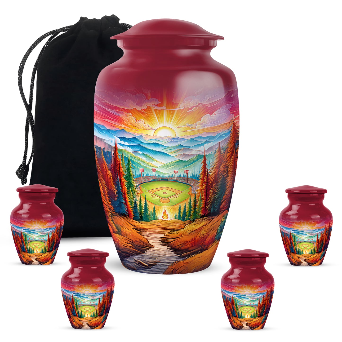 Fiery Red Baseball Cremation Urn top-down view of secure threaded lid - elegant classic baseball relief with fine detailing - memorial set with one large and four small urns