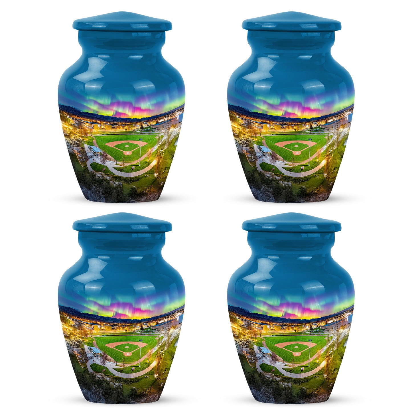 Cobalt Blue Baseball Cremation Urn side profile showing urn shape - traditional baseball engraving with hand-polished finish - 10 inch aluminum urn for cremated remains