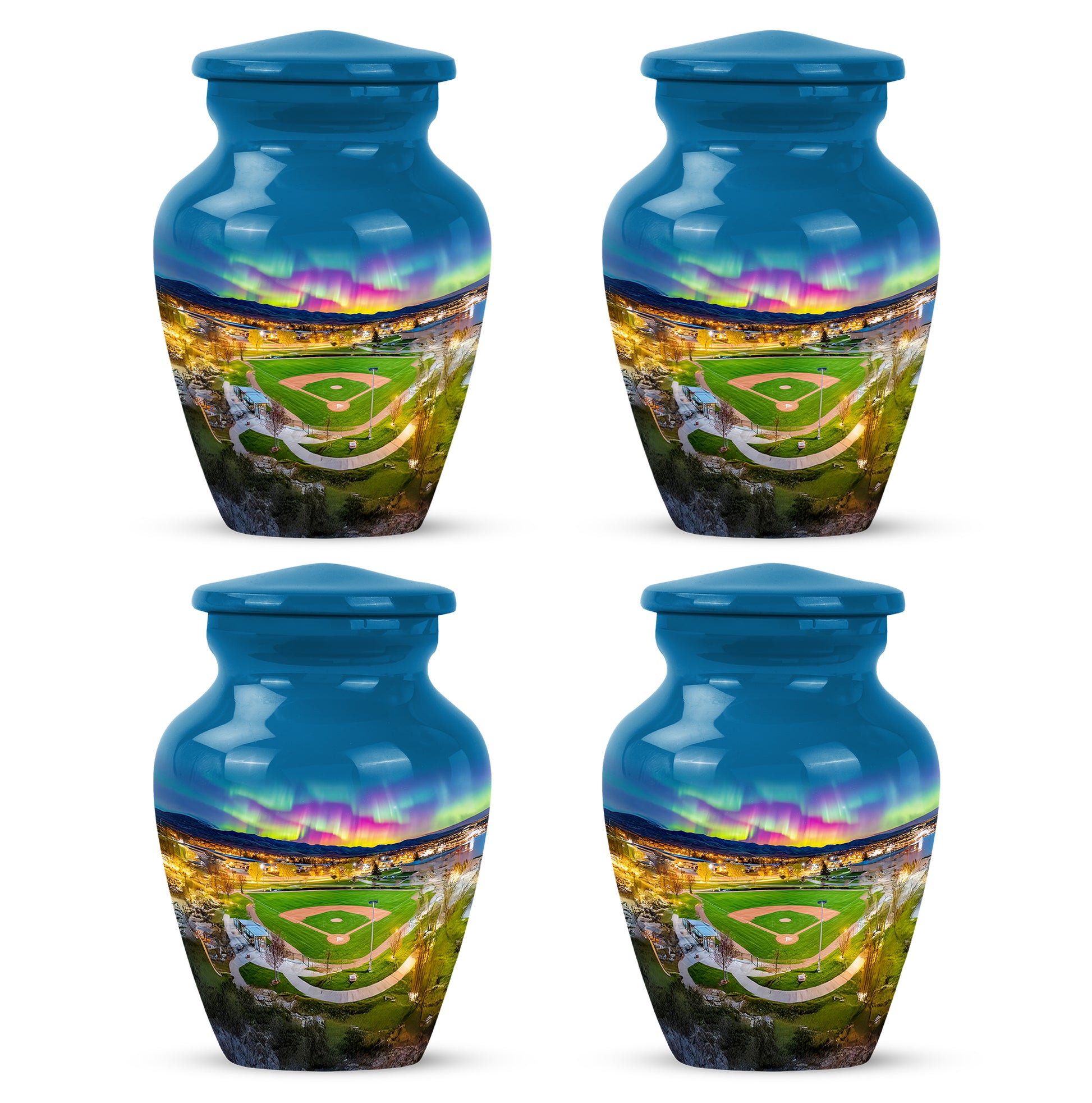 Cobalt Blue Baseball Cremation Urn side profile showing urn shape - traditional baseball engraving with hand-polished finish - 10 inch aluminum urn for cremated remains