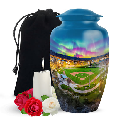 Soft Blue Baseball Cremation Urn angled view of lid and engraved motif - elegant classic baseball relief with fine detailing - full-size 10 inch 200 cubic inch adult cremation urn