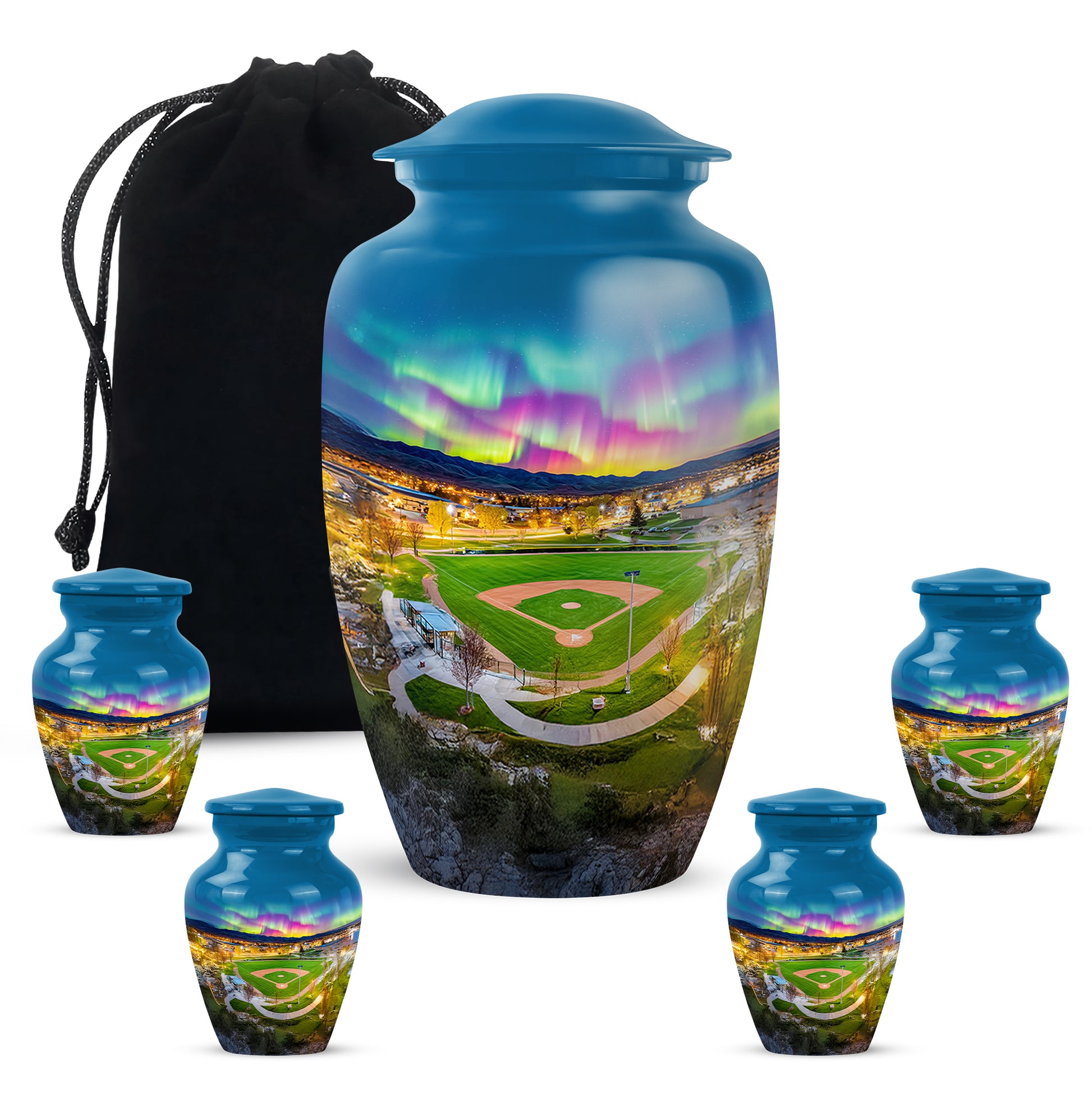 Icy Blue Baseball Cremation Urn top-down view of secure threaded lid - classic sculpted baseball pattern on smooth aluminum - memorial set with one large and four small urns