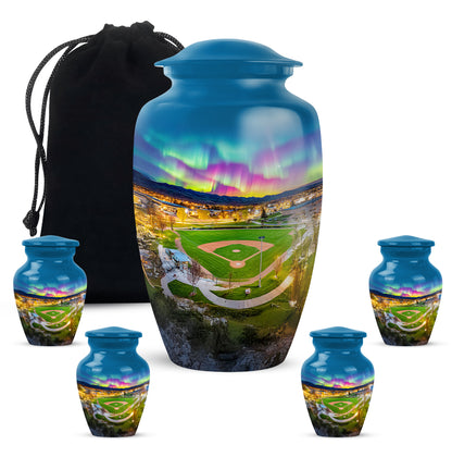 Icy Blue Baseball Cremation Urn top-down view of secure threaded lid - classic sculpted baseball pattern on smooth aluminum - memorial set with one large and four small urns