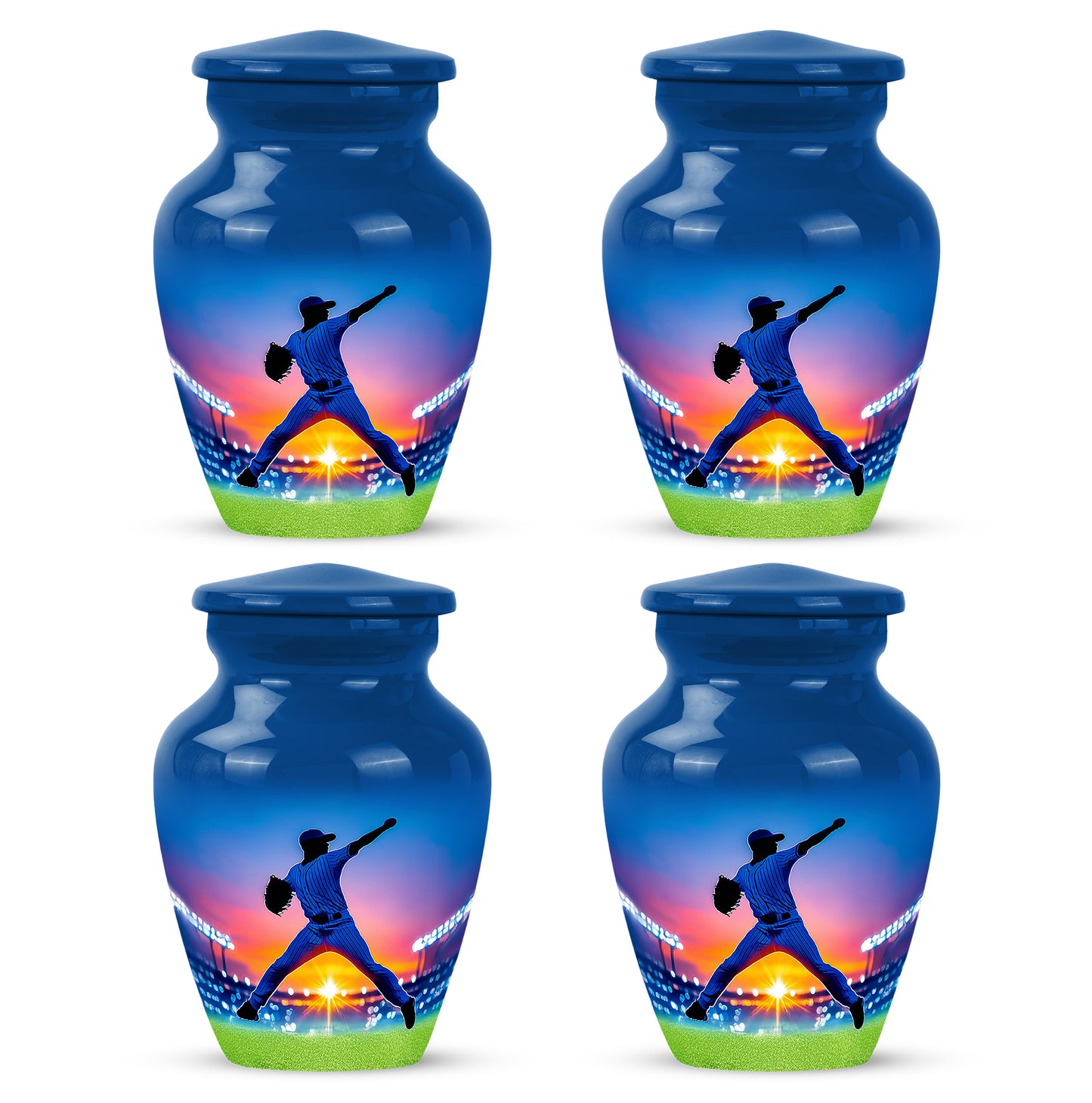 Indigo Baseball Cremation Urn side profile showing urn shape - timeless baseball motif etched into premium metal - 10 inch aluminum urn for cremated remains