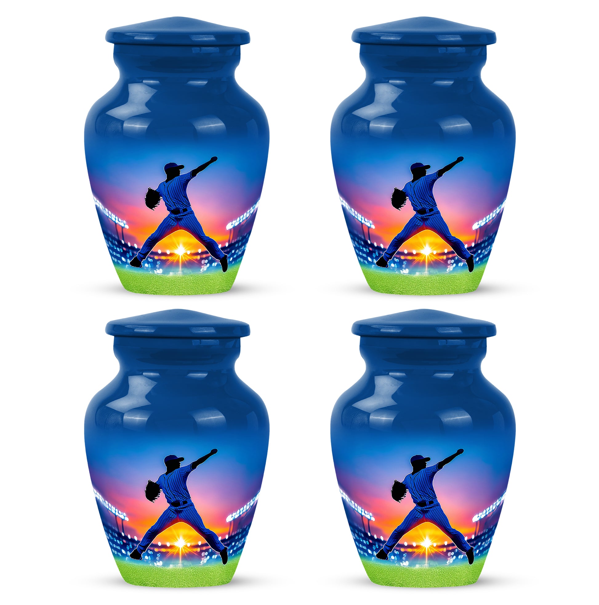 Indigo Baseball Cremation Urn side profile showing urn shape - timeless baseball motif etched into premium metal - 10 inch aluminum urn for cremated remains