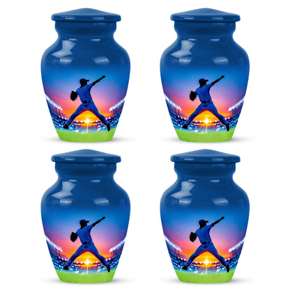 Indigo Baseball Cremation Urn side profile showing urn shape - timeless baseball motif etched into premium metal - 10 inch aluminum urn for cremated remains