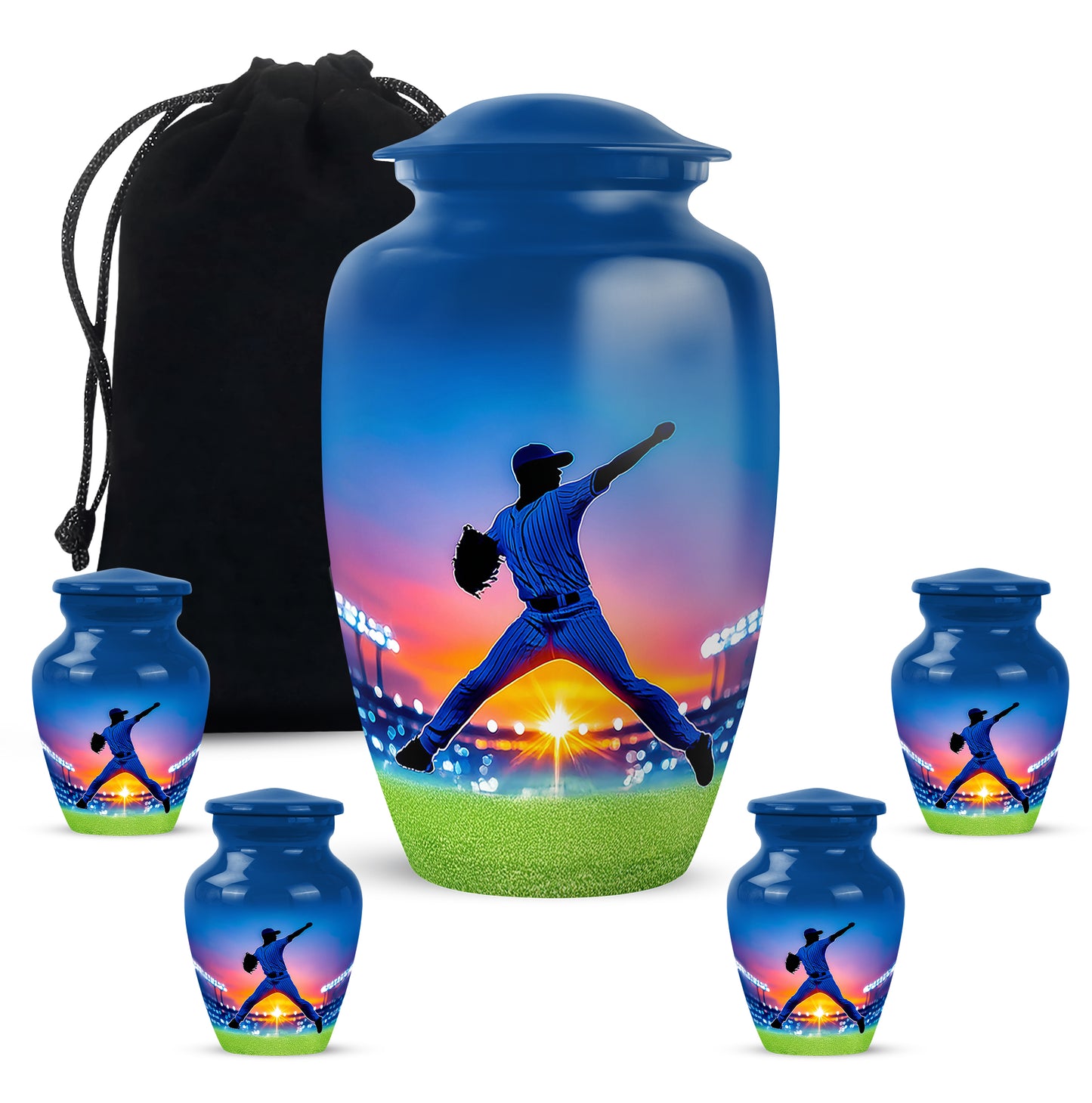 Bright Blue Baseball Cremation Urn top-down view of secure threaded lid - traditional baseball engraving with hand-polished finish - memorial set with one large and four small urns
