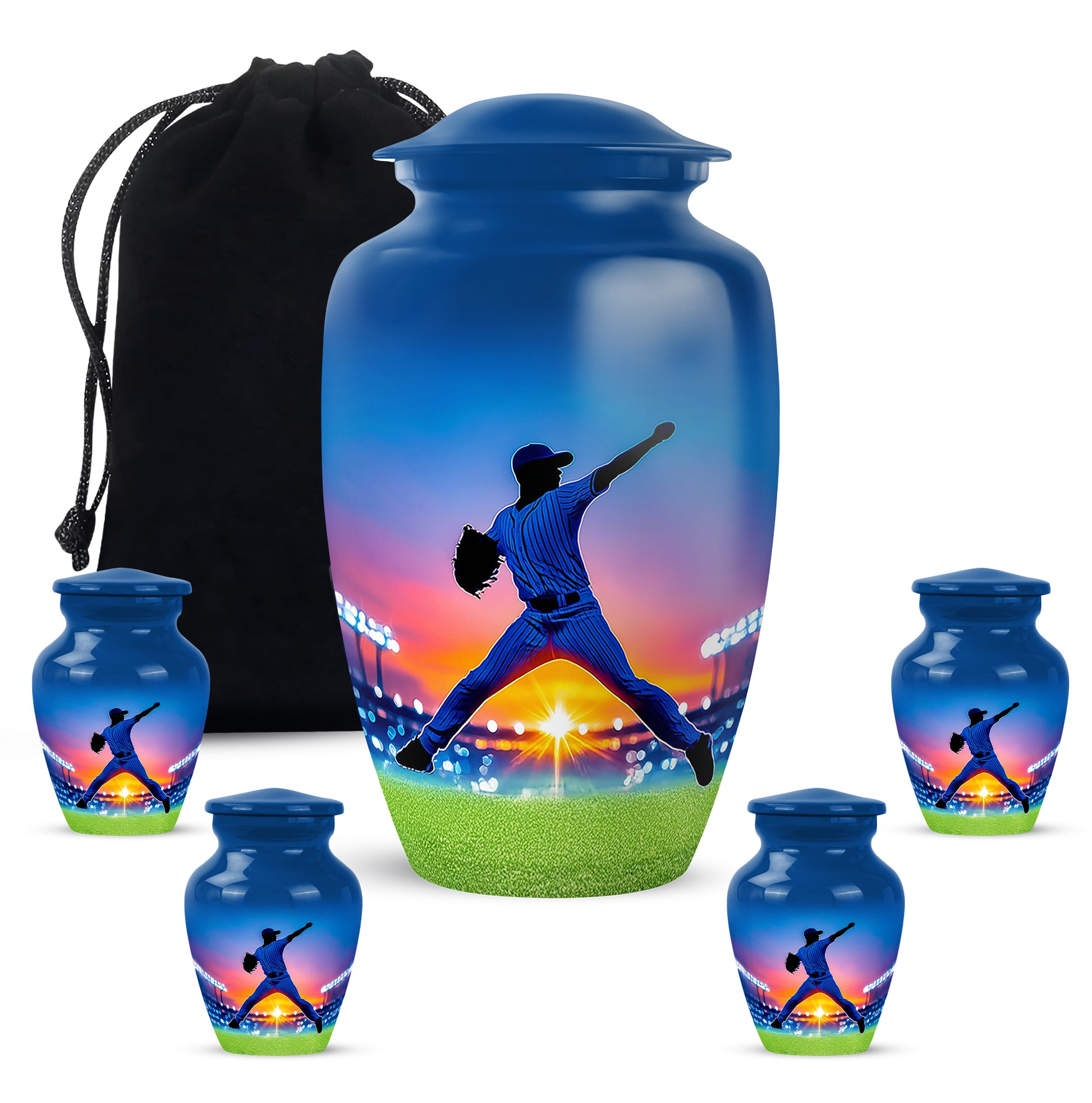 Bright Blue Baseball Cremation Urn top-down view of secure threaded lid - traditional baseball engraving with hand-polished finish - memorial set with one large and four small urns