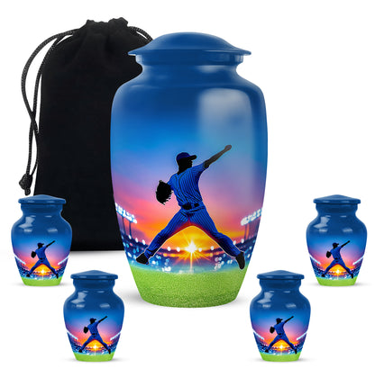 Bright Blue Baseball Cremation Urn top-down view of secure threaded lid - traditional baseball engraving with hand-polished finish - memorial set with one large and four small urns